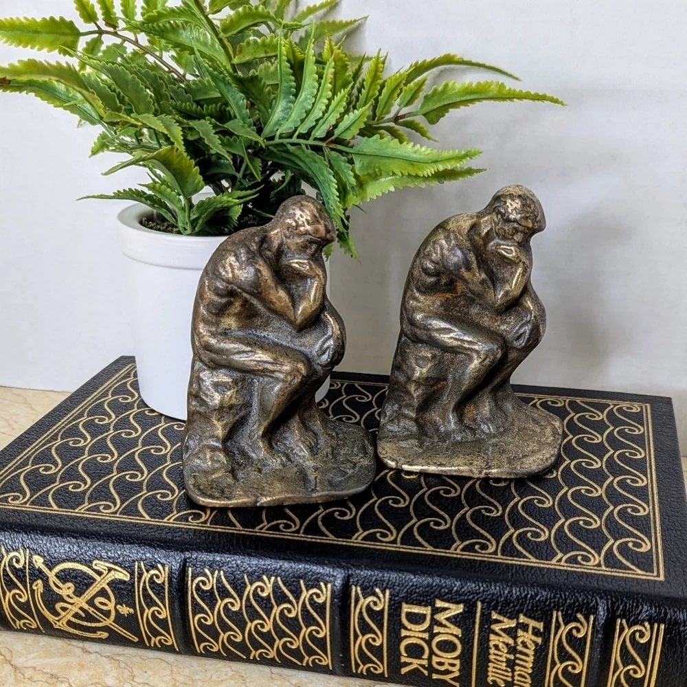 Vintage Brass The Thinker By Rodin Metal Sculpture Bookends Art Deco Old World